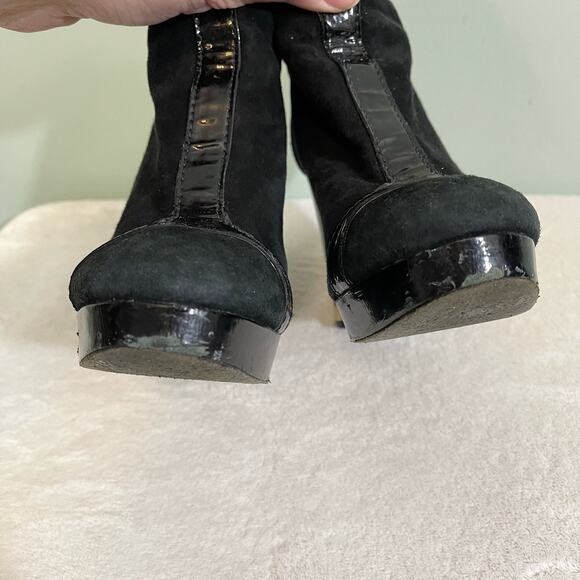 TORY BURCH Booties Womens 5.5 Suede Leather Zip Pull On Block High Heel Black - Picture 4 of 13